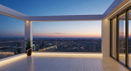 Fototapeta premium A modern penthouse rooftop terrace, showcasing panoramic city views at twilight.