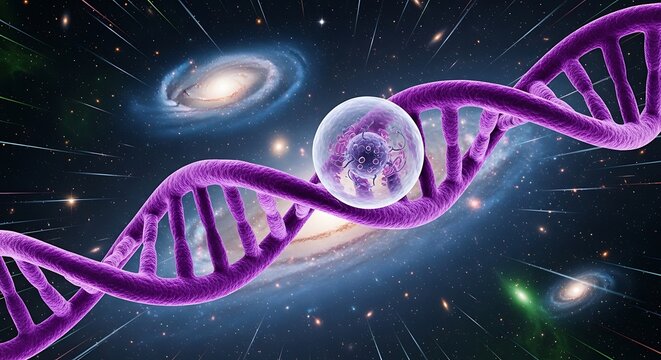 A vibrant, purple DNA helix spirals through a cosmic backdrop, showcasing a celestial sphere within its intricate structure.