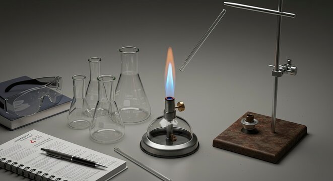 Laboratory Still Life: Bunsen Burner Flame, Beakers, and Scientific Tools.