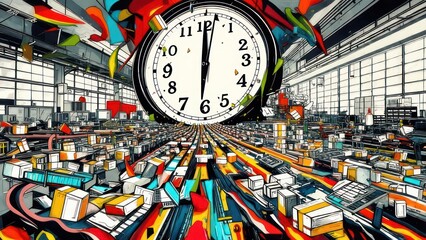 Abstract industrial scene with a large clock, depicting a sense of time and movement.  Colorful, stylized buildings and machinery fill a perspective view