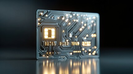 Close-up of a futuristic credit card with illuminated circuit board