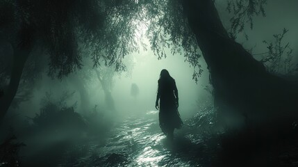 Fototapeta premium Silhouette of Figure Walking in Misty Forest Pathway