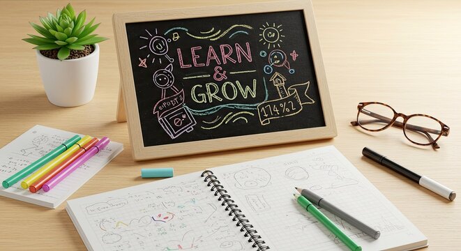 Learn and Grow Chalkboard on a Creative Study Desk