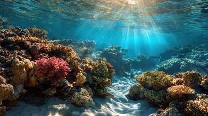 Fototapeta premium Underwater Coral Reef Scene with Sunlight Penetrating the Clear Blue Water Depicting Diverse Marine Life.
