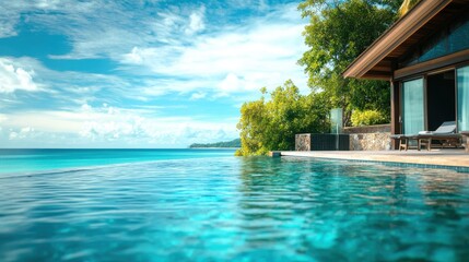 Obraz premium Luxury travel vacation concept, featuring an overwater villa on blurred background