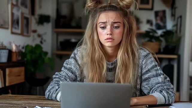 Shocked young woman stares at laptop screen with wide eyes, holding her head in disbelief and stress.