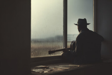 musician sits by window with his guitar deep in thought as rain softly taps against glass