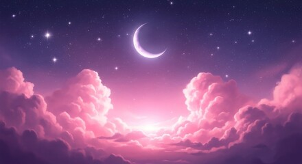 Naklejka premium Ethereal Sunset with Moon and Stars in Dreamy Cloudy Sky