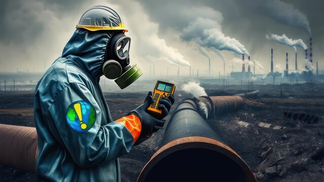 Environmental worker in protective gear measures pollution near industrial pipes