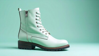 Mint Green Leather Ankle Boots on Blue Background