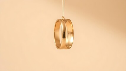 Three golden wedding bands suspended vertically against a soft beige backdrop.