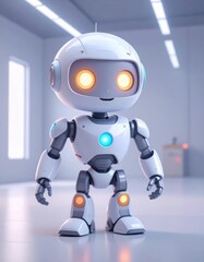 Cute, white robot stands in a modern, bright, clean laboratory setting.