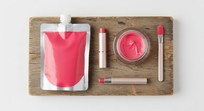 Makeup Essentials: Pink Lip Products on Rustic Wooden Board, Overhead View.