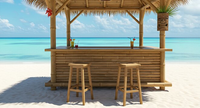a open-air tiki bar on a white sand beach with two empty stools at the counter.The view is a clear blue ocean,the bar is decorated with simple bamboo,tropical flowers.The light is bright ,sunny.