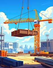 A construction crane lifts a large container box over a building site, under a bright sunny sky.