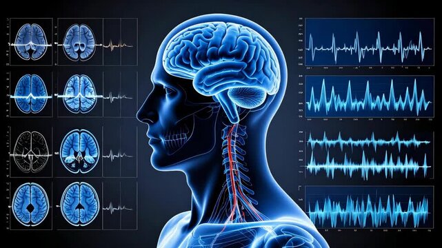 Brain scan with head profile, skull structure, nervous system, and waveform diagnostics on a dark background