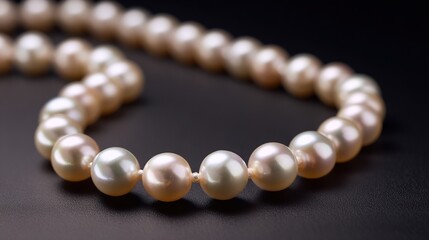 A lustrous pearl necklace rests on a dark surface, showcasing creamy white and blush-toned pearls of varying sizes, subtly illuminated against a black 