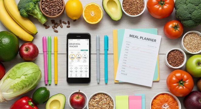 Meal Planning with Digital Tracker and Fresh Produce on Wooden Surface