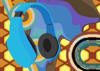 Retro 70s Background with Headset. Groovy earphones 1970s art template. Minimalistic Vintage design poster. Old-fashioned color artwork.