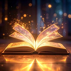 A Glimmering-Tome's-Revelation Illuminated Pages of an Open Book Sparkle with Ethereal Light, Unveiling Ancient Magic and Knowledge