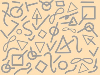 Modern grey doodle style. Illustrations of squares, lines, circles, and curves. line doodle seamless pattern.