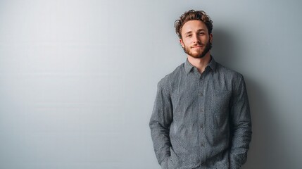 Obraz premium Confident Young Man in Casual Attire Posing Against a Neutral Background