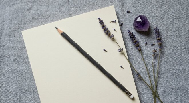 Mindful Journaling Flat Lay with Lavender and Amethyst Crystal