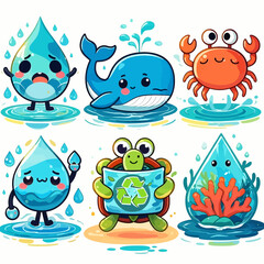 Fototapeta premium Six charming cartoon characters, including sad and happy water drops, a smiling whale, a cheerful crab, and a turtle holding a recycling symbol, all depicted...
