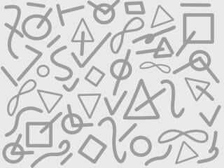 Modern grey doodle style. Illustrations of squares, lines, circles, and curves. line doodle seamless pattern.