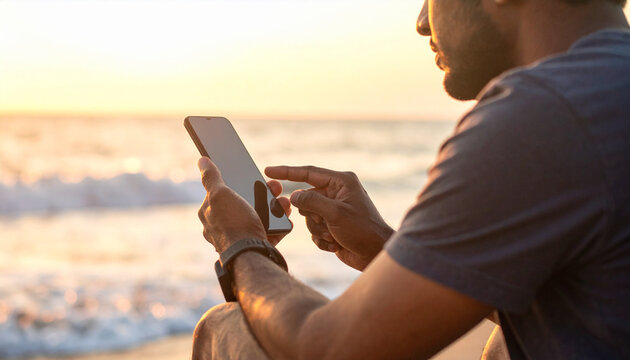 Peace and connection in digital era as man uses smartphone on beach at sunset reflecting calm and technology together