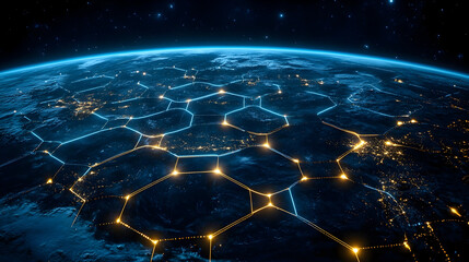 Aerial view of Earth at night showcasing illuminated hexagonal grids and cities