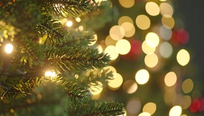 Obraz premium Close-up image of a festive Christmas tree, showing needles and blurred lights for a warm holiday atmosphere. Bokeh effect enhances the season's beauty
