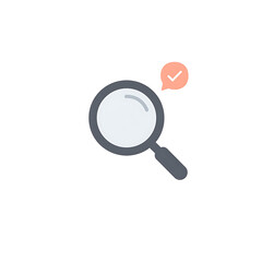 Verified search result icon with magnifying glass and check mark. Concept for data validation, successful analysis, and finding information