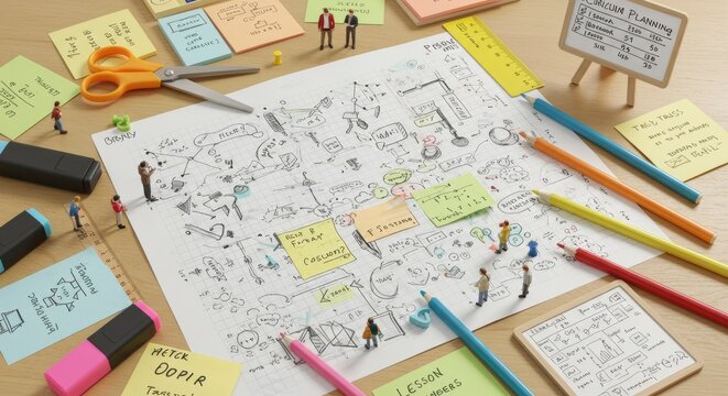 Miniature People Navigating a Complex Hand-Drawn Business Strategy on a Desk