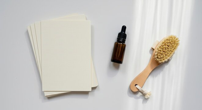 Minimalist Beauty Still Life: Cards, Serum, and Brush with Sunlight Shadows