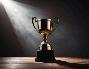 Golden trophy on wood, spotlight, smoke