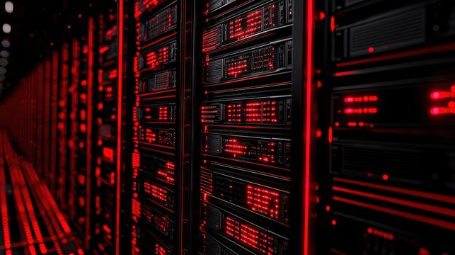 Close-up view of server racks with red illuminated components.