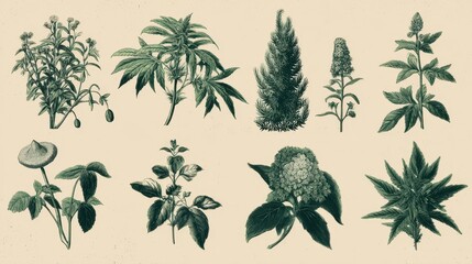 Vintage style illustration of a set of plants used to create narcotic poisons.