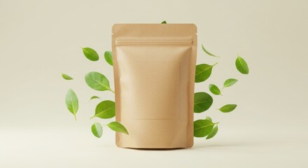 Organic food package surrounded by floating green leaves