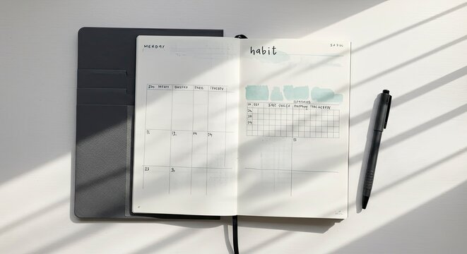 Minimalist Bullet Journal Habit Tracker on a White Desk