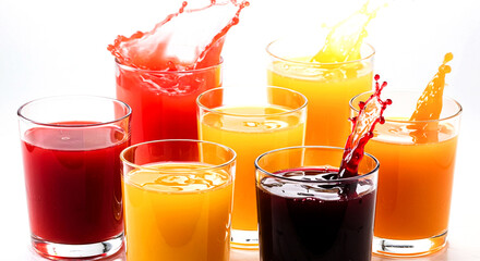 Assortment of fresh fruit juices in glasses with splashes on a bright white background