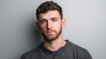 Fototapeta premium Portrait of a Young Man with a Serious Expression Against a Neutral Background