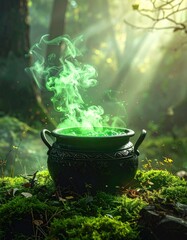 Green potion steams in a cauldron amidst a sunlit forest