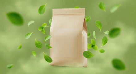 Organic food package surrounded by floating green leaves