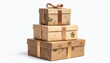 Three stacked, ribbon-tied gift boxes with botanical print