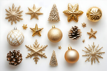 Golden Christmas decorations including stars, trees, and ornaments on white background