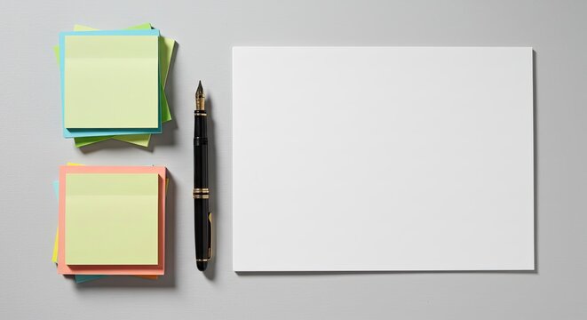 Minimalist Composition: Blank Paper, Fountain Pen, and Colorful Sticky Notes.