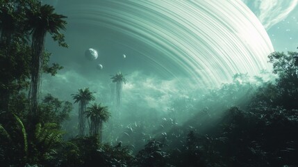 A planet with a large green ring and a few trees in the background