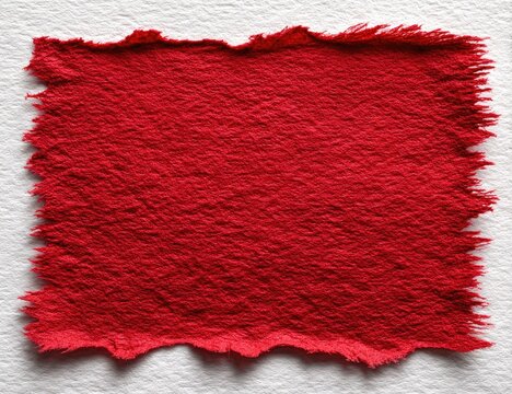 Rich red, textured fabric swatch with ragged edges