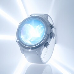 Modern future-tech smart-wearable device featuring an ethereal glowing digital display, emanating vibrant light in a pristine, minimalist studio environment